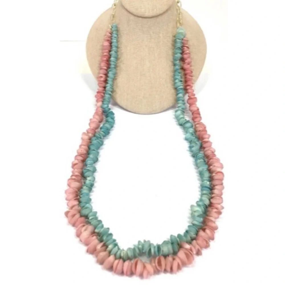 Vintage dyed rose &‎ skyblue shell & celluloid chain necklace
